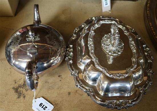 Late Victorian plated Entrée Dish, cover and handle and a spherical teapot with rose bud finial(-)